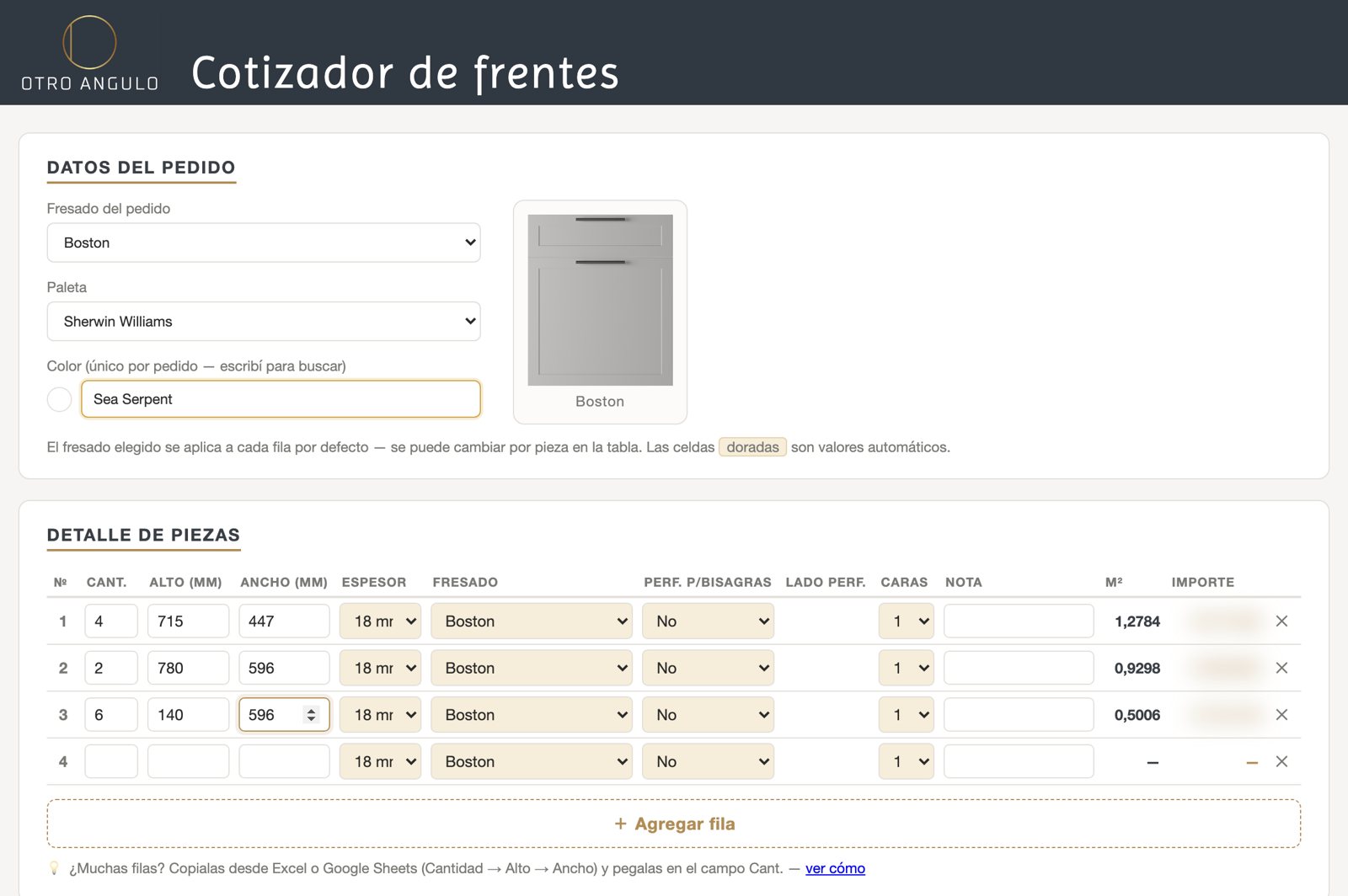 Cotizador online de Otro Ángulo con un pedido cargado